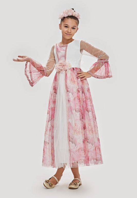 Girl Long Sleeve Tulle Floral Column 8 - 12 Ages Special Occasion Dress Pink-White - Unit Price: 29$