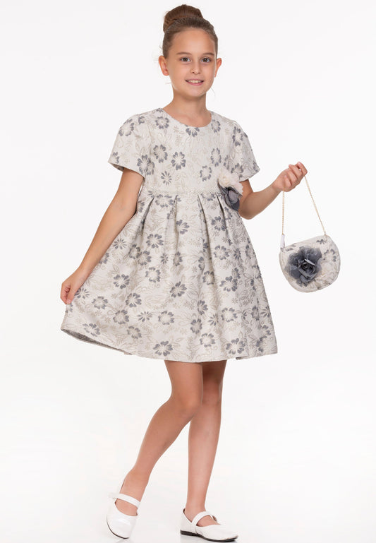 Baby Girl Short Sleeve Viscose Floral Column 4 - 8 Ages Special Occasion Dress Anthracite - Unit Price: 22$