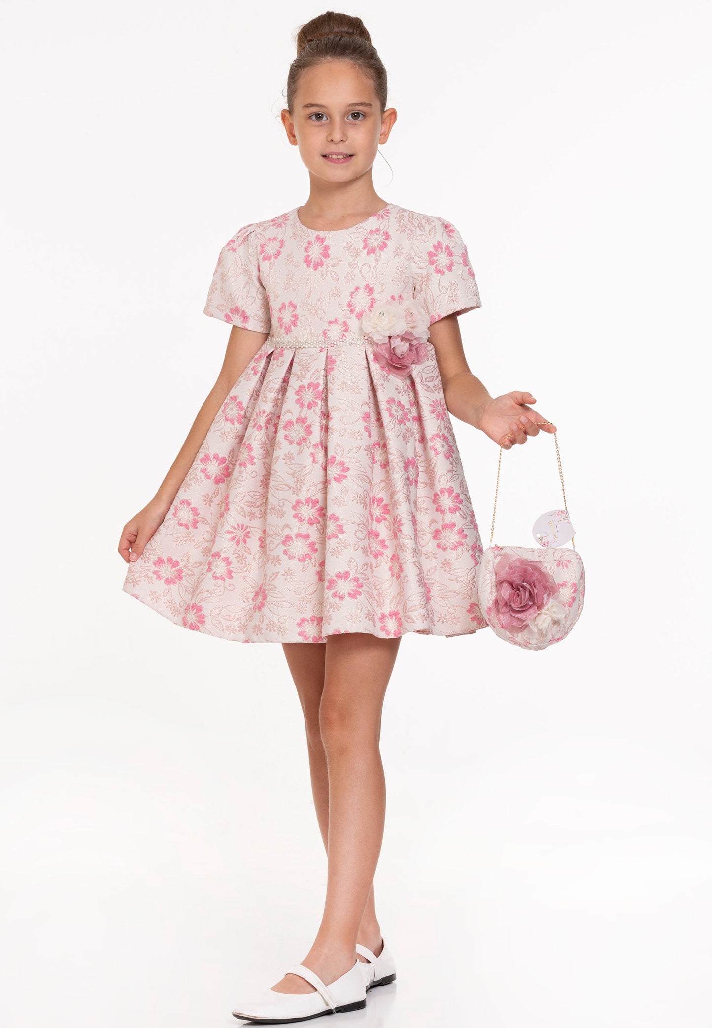 Baby Girl Short Sleeve Viscose Floral Column 4 - 8 Ages Special Occasion Dress Pink - Unit Price: 22$