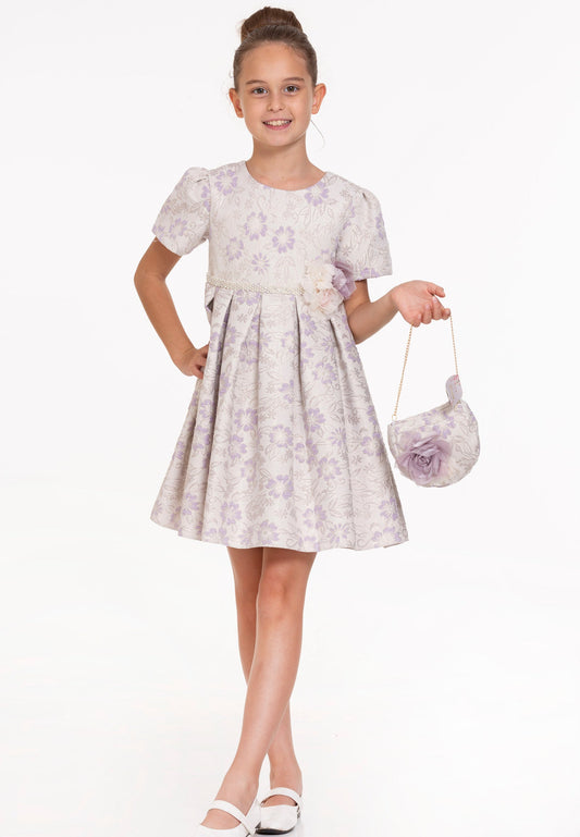 Baby Girl Short Sleeve Viscose Floral Column 4 - 8 Ages Special Occasion Dress Grey-Lilac - Unit Price: 22$