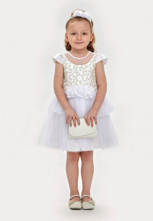 Baby Girl Short Sleeve Tulle Floral A - Line 4 - 8 Ages Special Occasion Dress White - Unit Price:25$