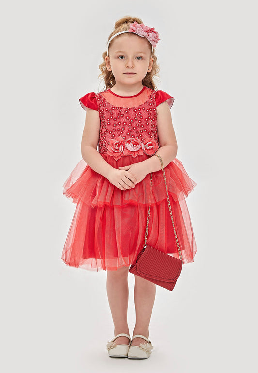 Baby Girl Short Sleeve Tulle Floral A - Line 4 - 8 Ages Special Occasion Dress Red - Unit Price:25$