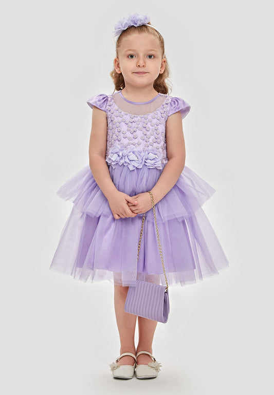 Baby Girl Short Sleeve Tulle Floral A - Line 4 - 8 Ages Special Occasion Dress Lilac - Unit Price:25$