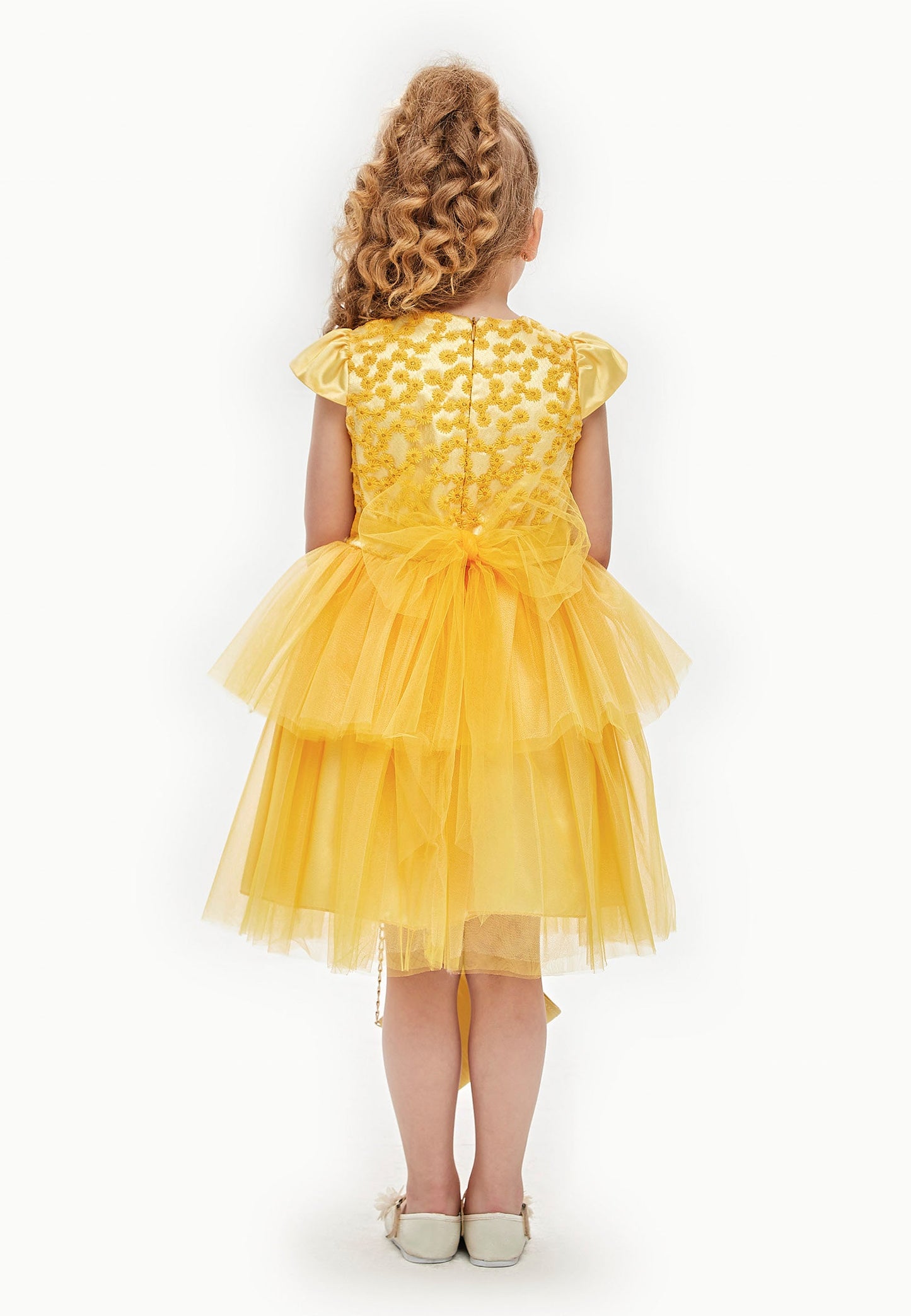 Baby Girl Short Sleeve Tulle Floral A - Line 4 - 8 Ages Special Occasion Dress Yellow - Unit Price:25$