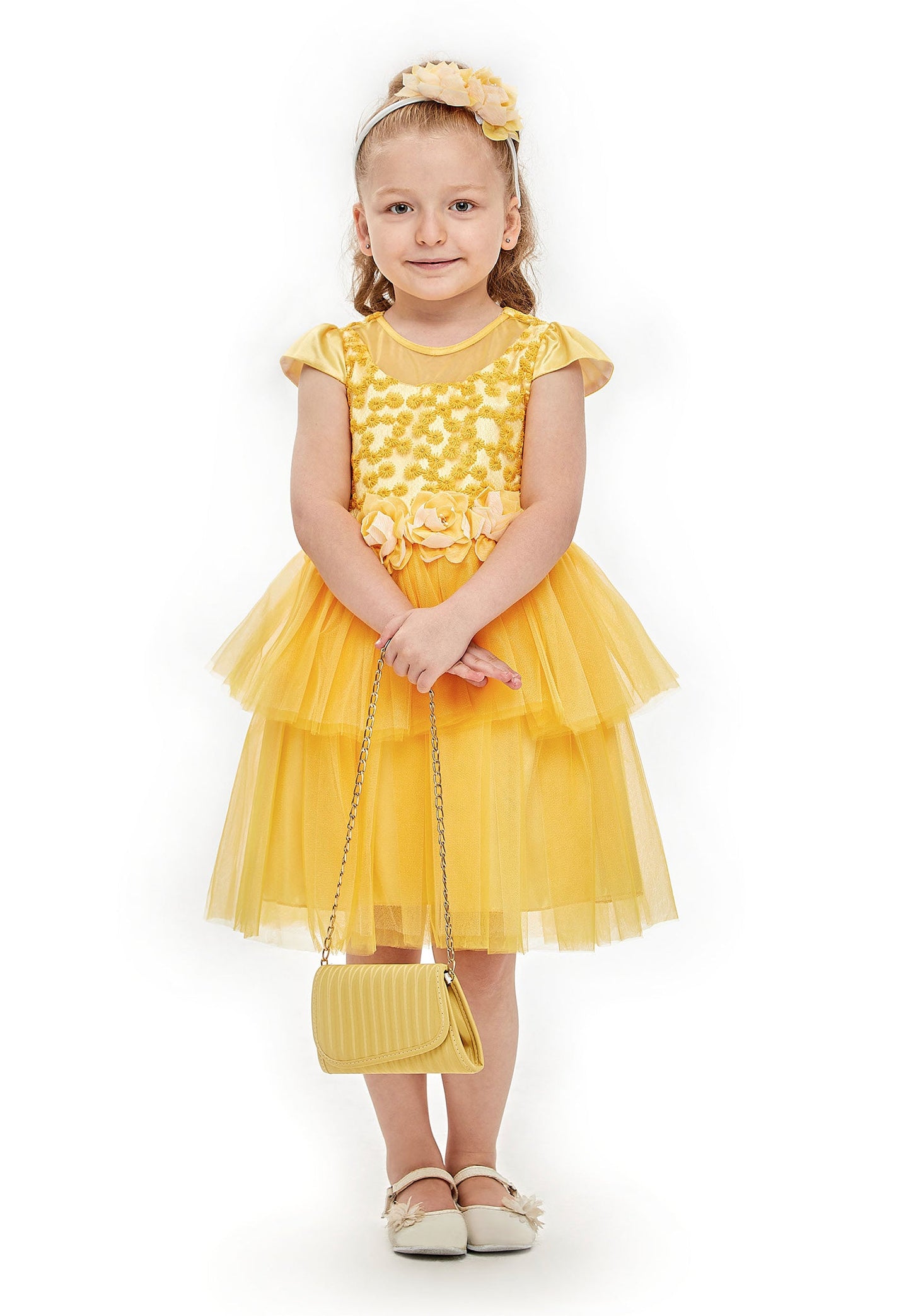 Baby Girl Short Sleeve Tulle Floral A - Line 4 - 8 Ages Special Occasion Dress Yellow - Unit Price:25$