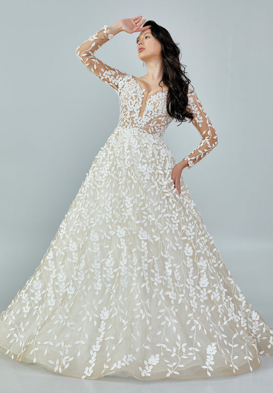 Long Sleeve Maxi Tulle Regular Wedding Dress Ecru - Unit Price: 775$