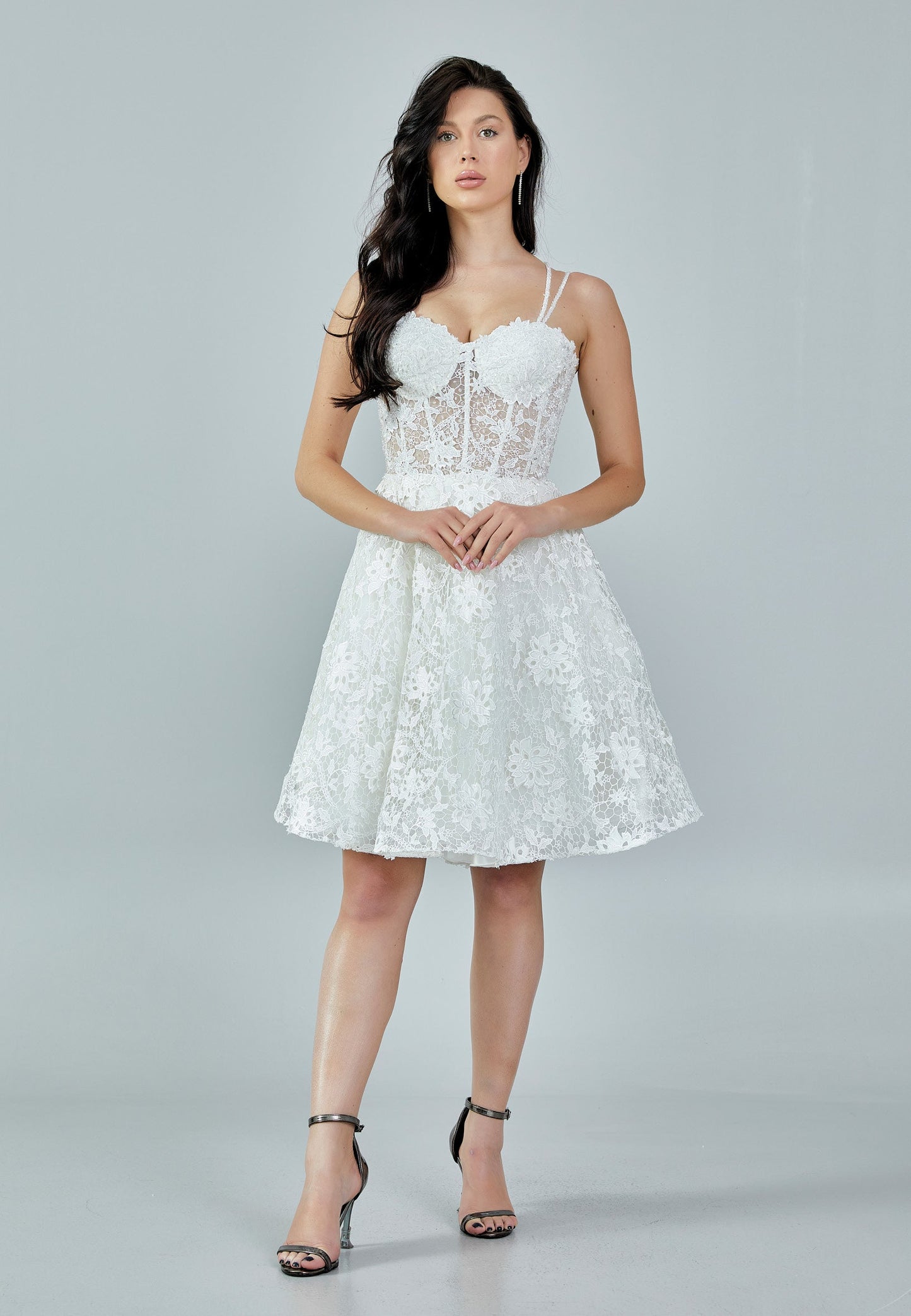 Sleeveless Mini Lace Regular Wedding Dress Ecru - Unit Price: 413$