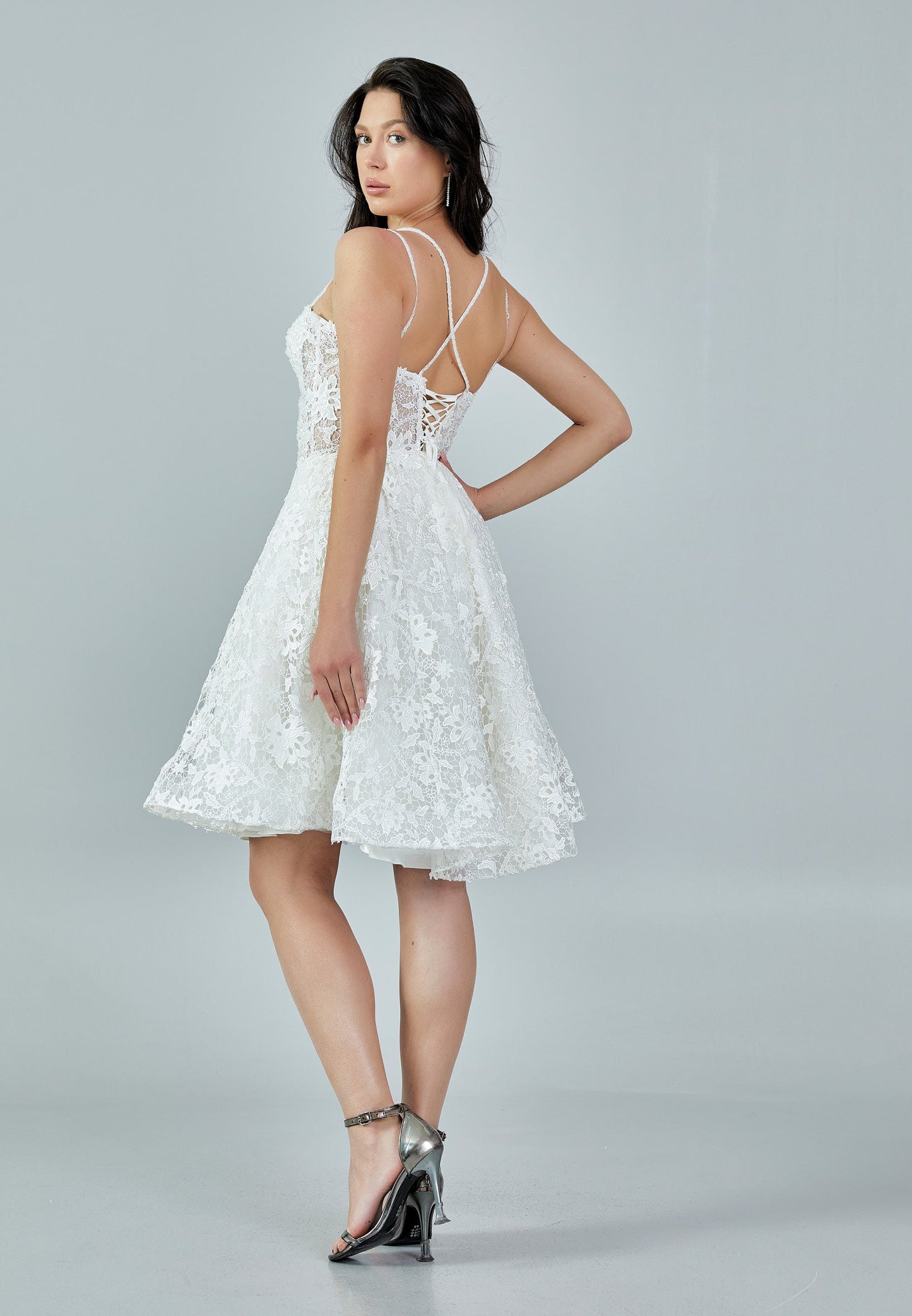 Sleeveless Mini Lace Regular Wedding Dress Ecru - Unit Price: 413$