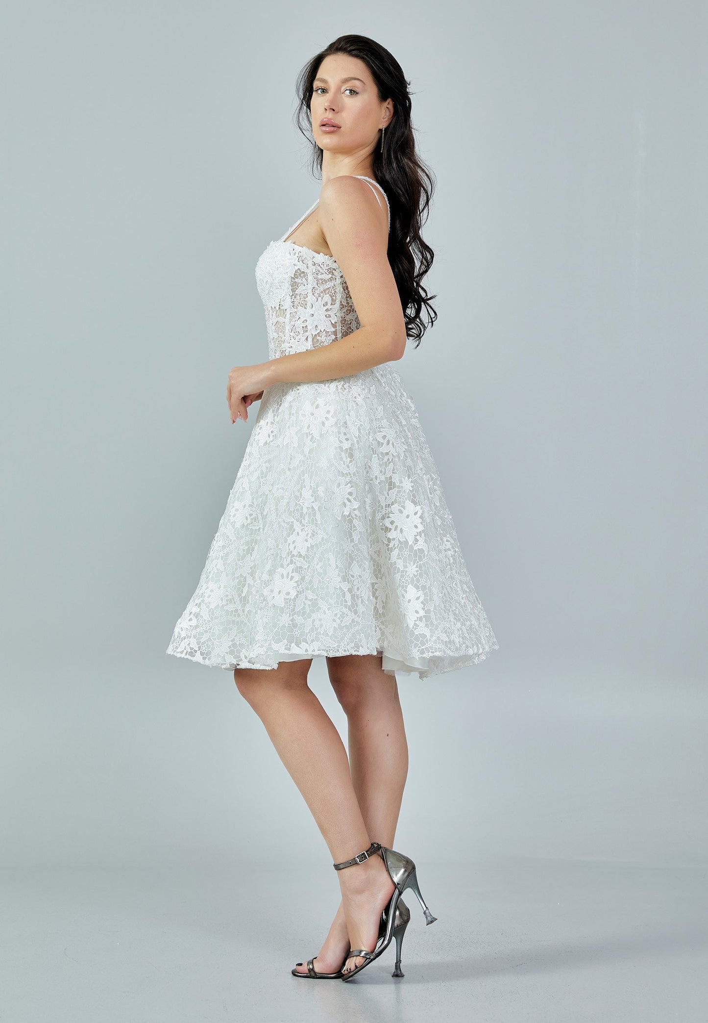 Sleeveless Mini Lace Regular Wedding Dress Ecru - Unit Price: 413$