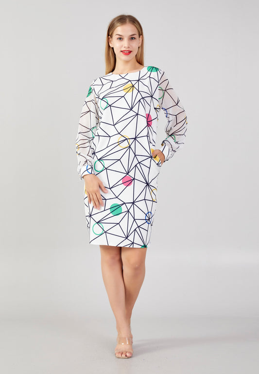 Long Sleeve Midi Polyester Column Plus Size Casual Dress White-Multicolor - Unit Price: 16$