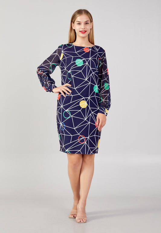 Long Sleeve Midi Polyester Column Plus Size Casual Dress Navy-Multicolor - Unit Price: 16$