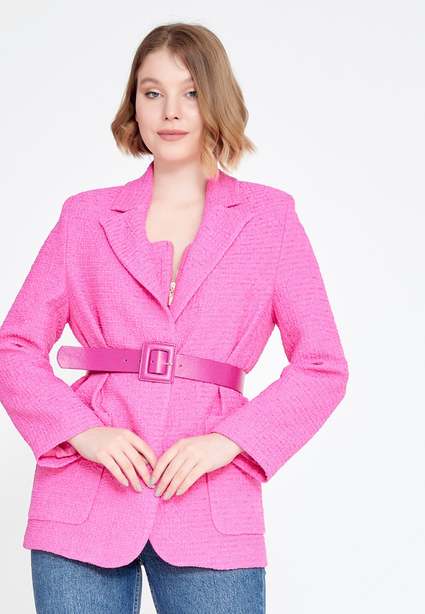 Long Sleeve Tweed Solid Color Regular Jacket Pink - Unit Price: 71$