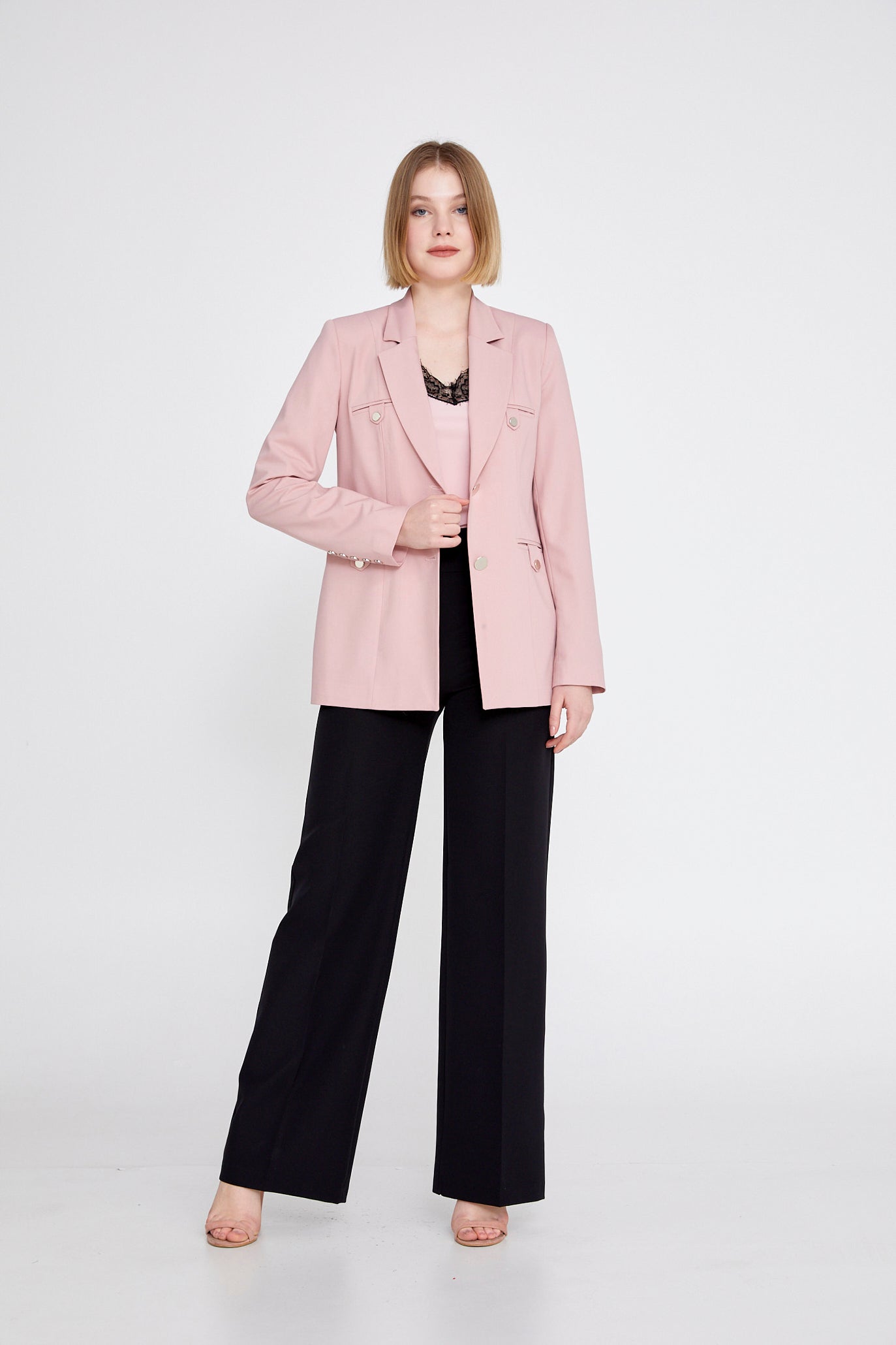 Long Sleeve Crepe Solid Color Regular Jacket Powder Pink - Unit Price: 30$