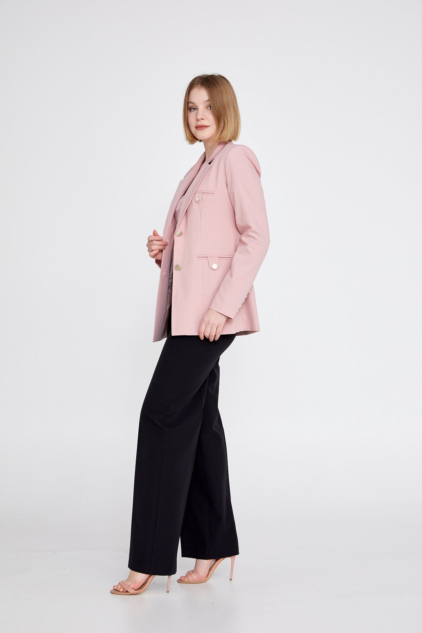 Long Sleeve Crepe Solid Color Regular Jacket Powder Pink - Unit Price: 30$