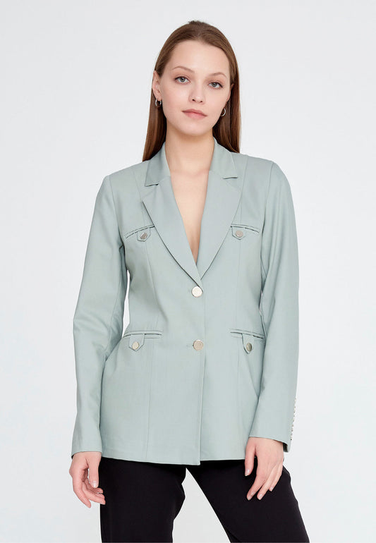 Long Sleeve Crepe Solid Color Regular Jacket Water Green - Unit Price: 30$