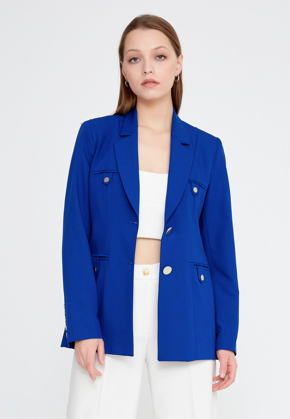 Long Sleeve Crepe Solid Color Regular Jacket Saxe Blue - Unit Price: 30$