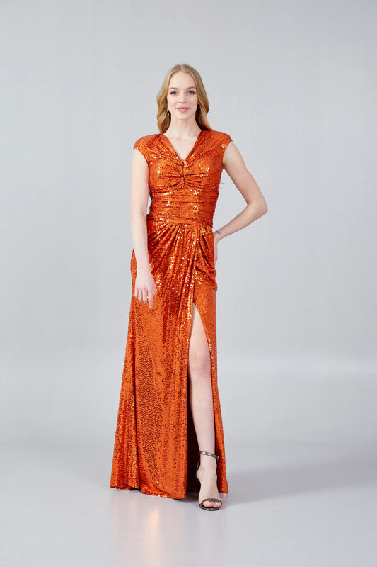 Sleeveless Maxi Sequin Mermaid Regular Wedding Guest Dress Orange - Unit Price: 57$