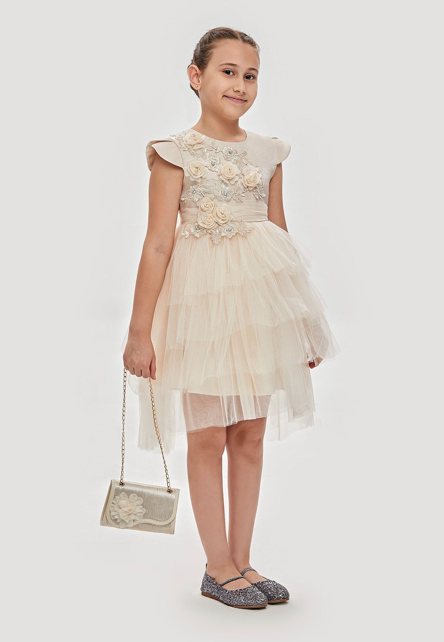 Girl Sleeveless Tulle Floral Column 6 - 10 Ages Special Occasion Dress Beige - Unit Price: 32$