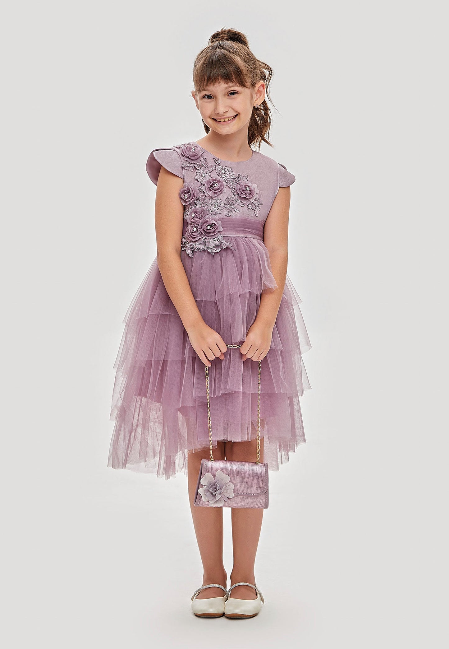 Girl Sleeveless Tulle Floral Column 6 - 10 Ages Special Occasion Dress Lilac - Unit Price: 32$