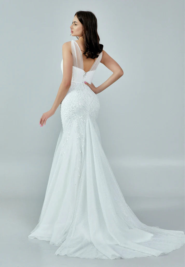 Sleeveless Maxi Tulle Regular Wedding Dress Ecru - Unit Price: 572$