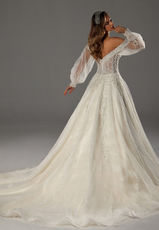 Off Shoulder Maxi Tulle Regular Wedding Dress Ecru - Unit Price: 725$