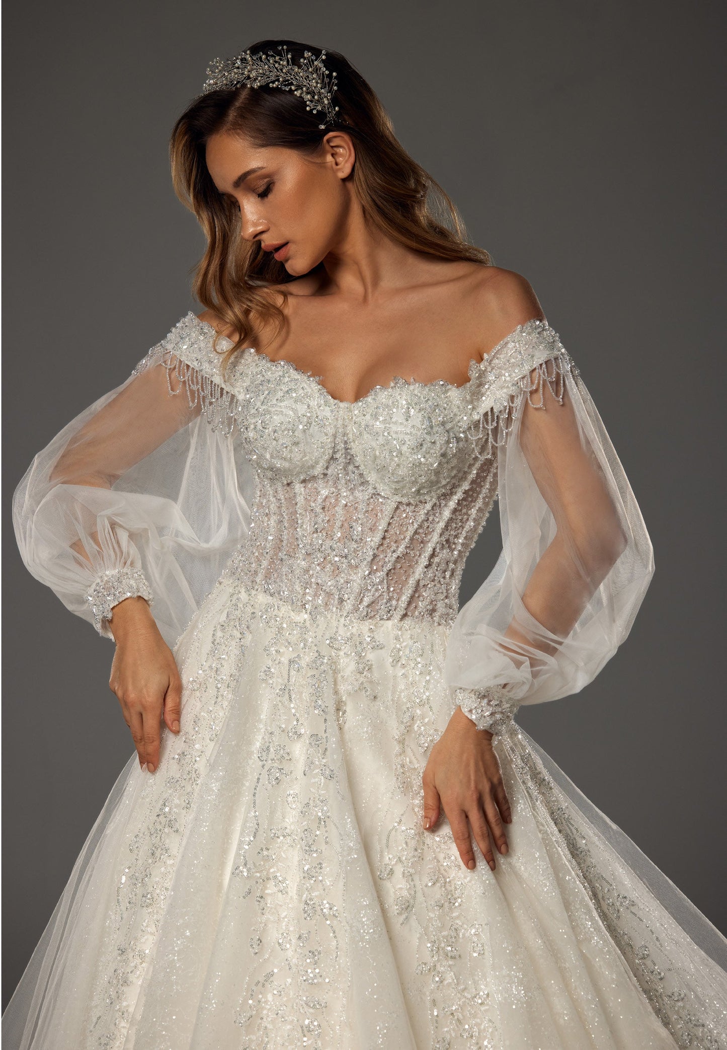 Off Shoulder Maxi Tulle Regular Wedding Dress Ecru - Unit Price: 725$