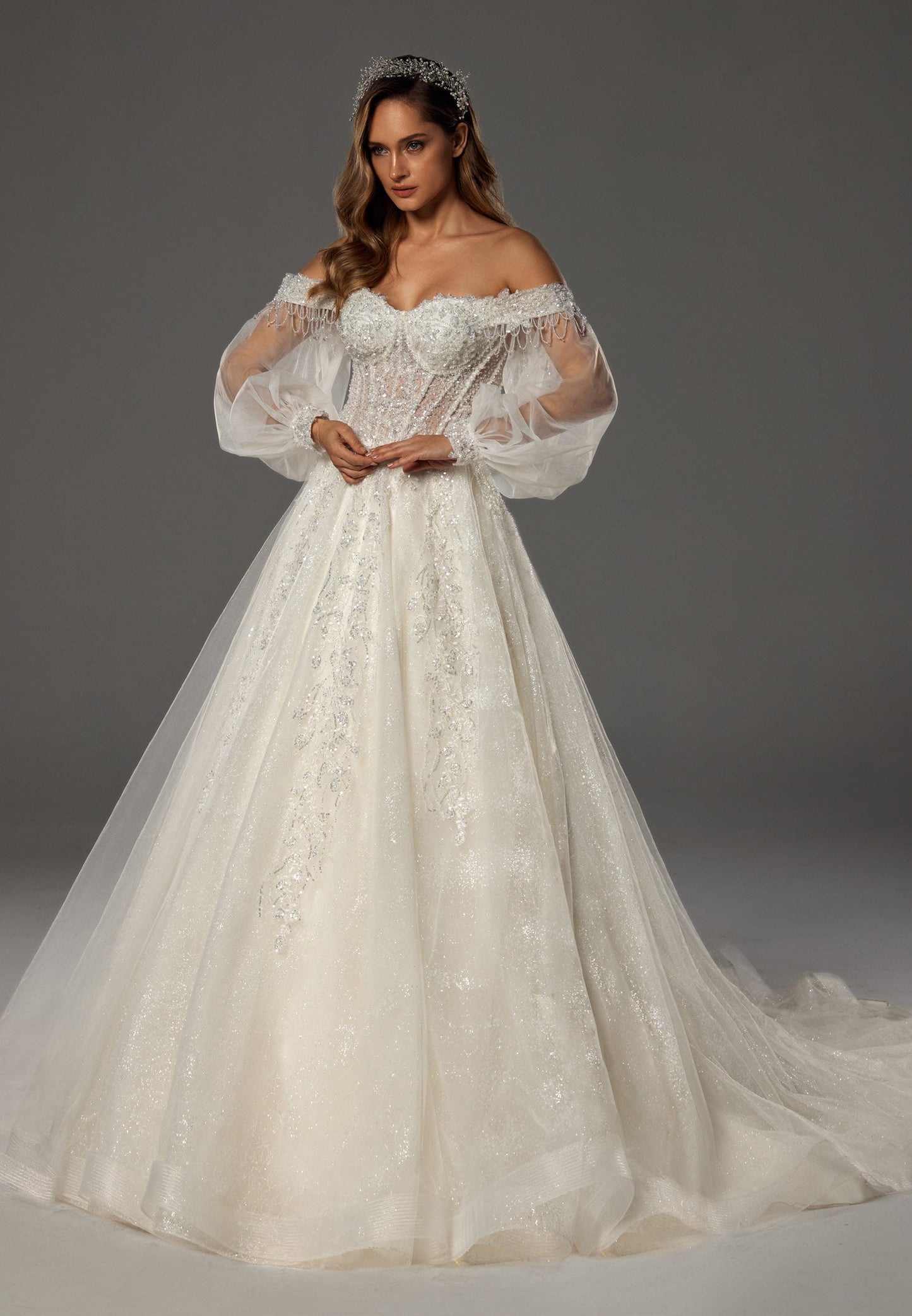 Off Shoulder Maxi Tulle Regular Wedding Dress Ecru - Unit Price: 725$