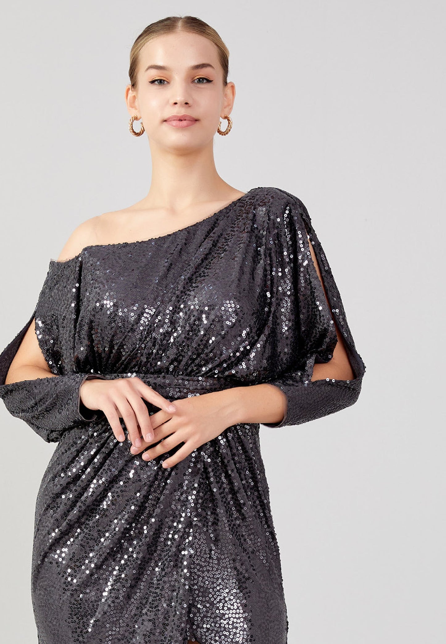 Mid-Length Maxi Sequin Column Plus Size Wedding Guest Dress Anthracite - Unit Price: 110$