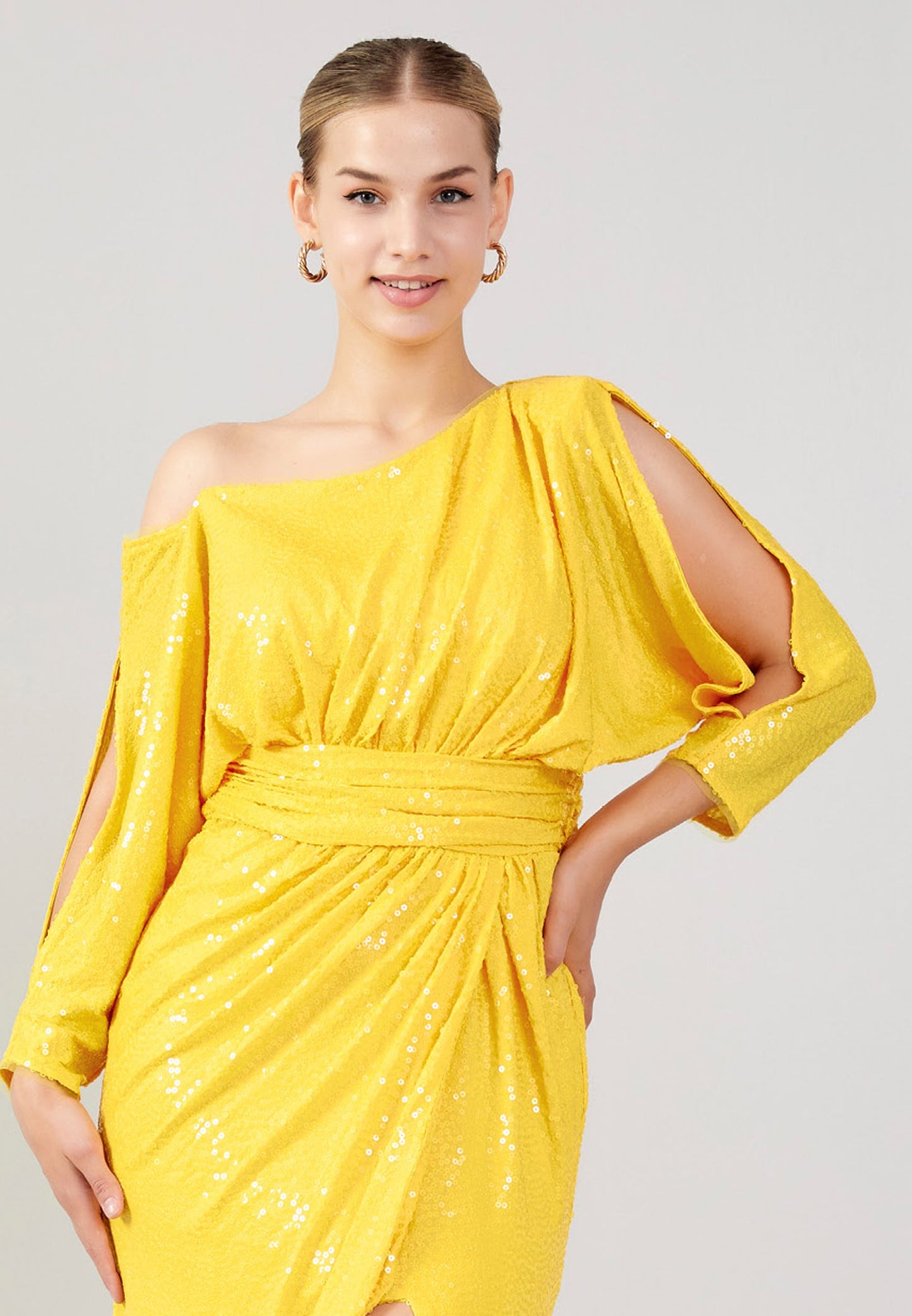 Mid-Length Maxi Sequin Column Plus Size Wedding Guest Dress Yellow - Unit Price: 110$