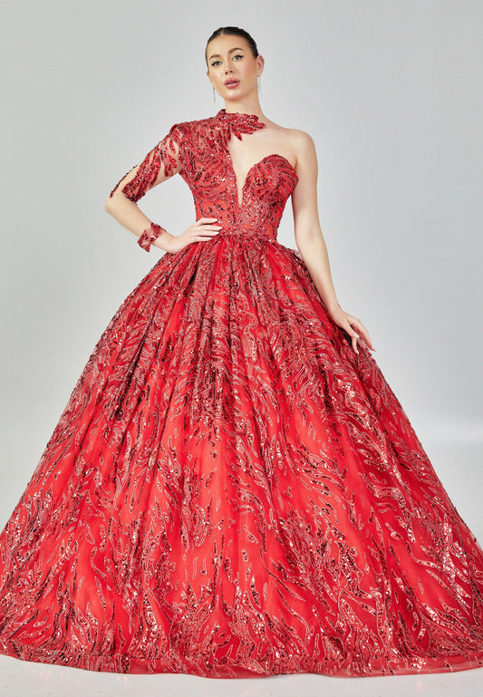 One Shoulder Maxi Sequin Regular Engagement Dress Red - Unit Price:400$