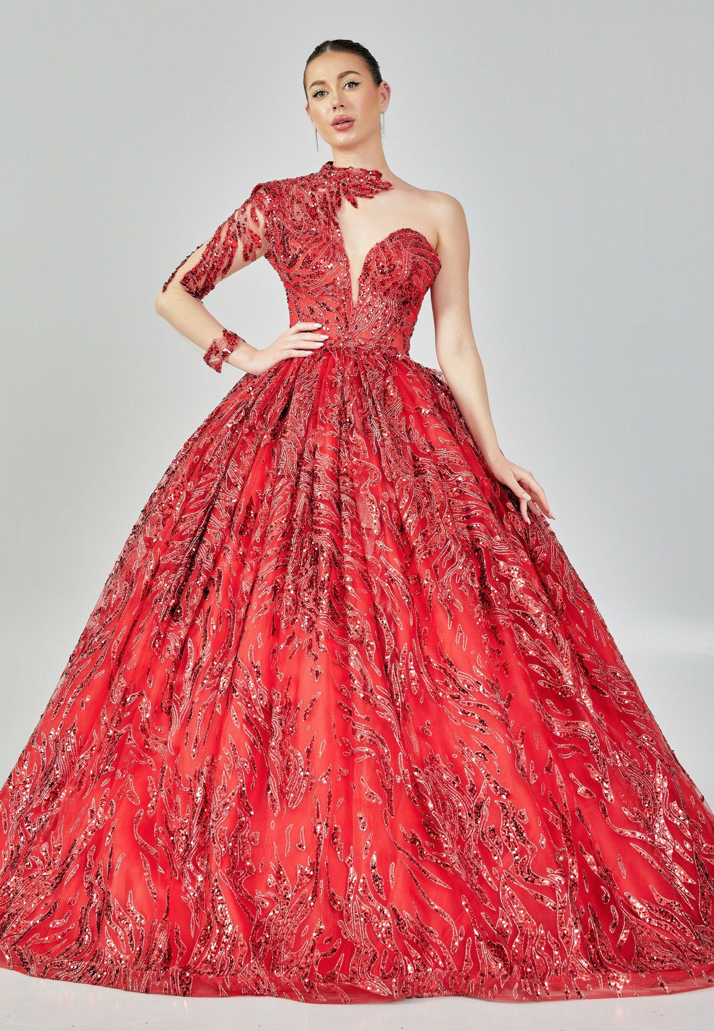 One Shoulder Maxi Sequin Regular Engagement Dress Red - Unit Price:400$