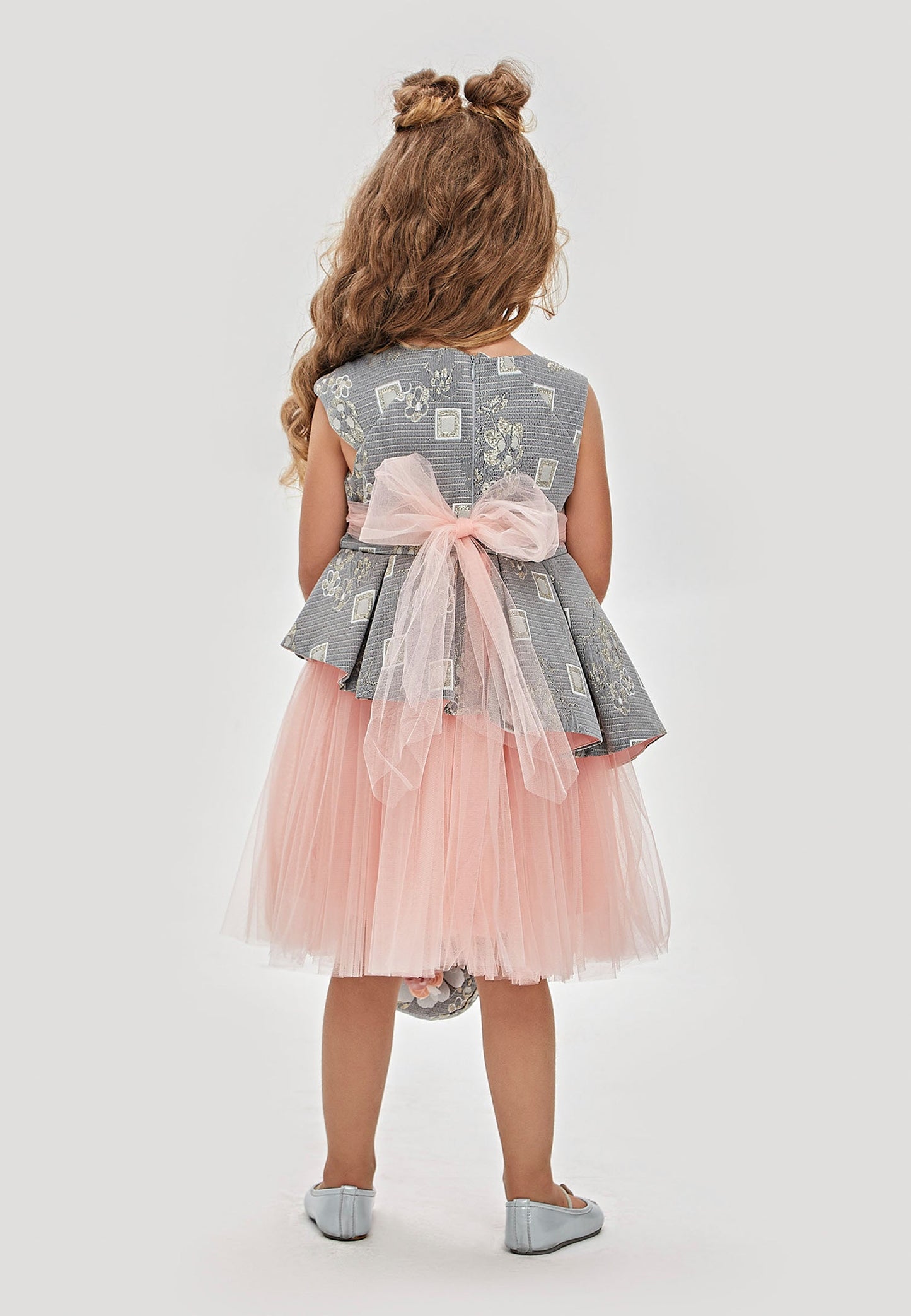 Baby Girl Sleeveless Tulle Patterned A - Line 5 - 9 Ages Special Occasion Dress Anthracite-Powder Pink - Unit Price: 29$