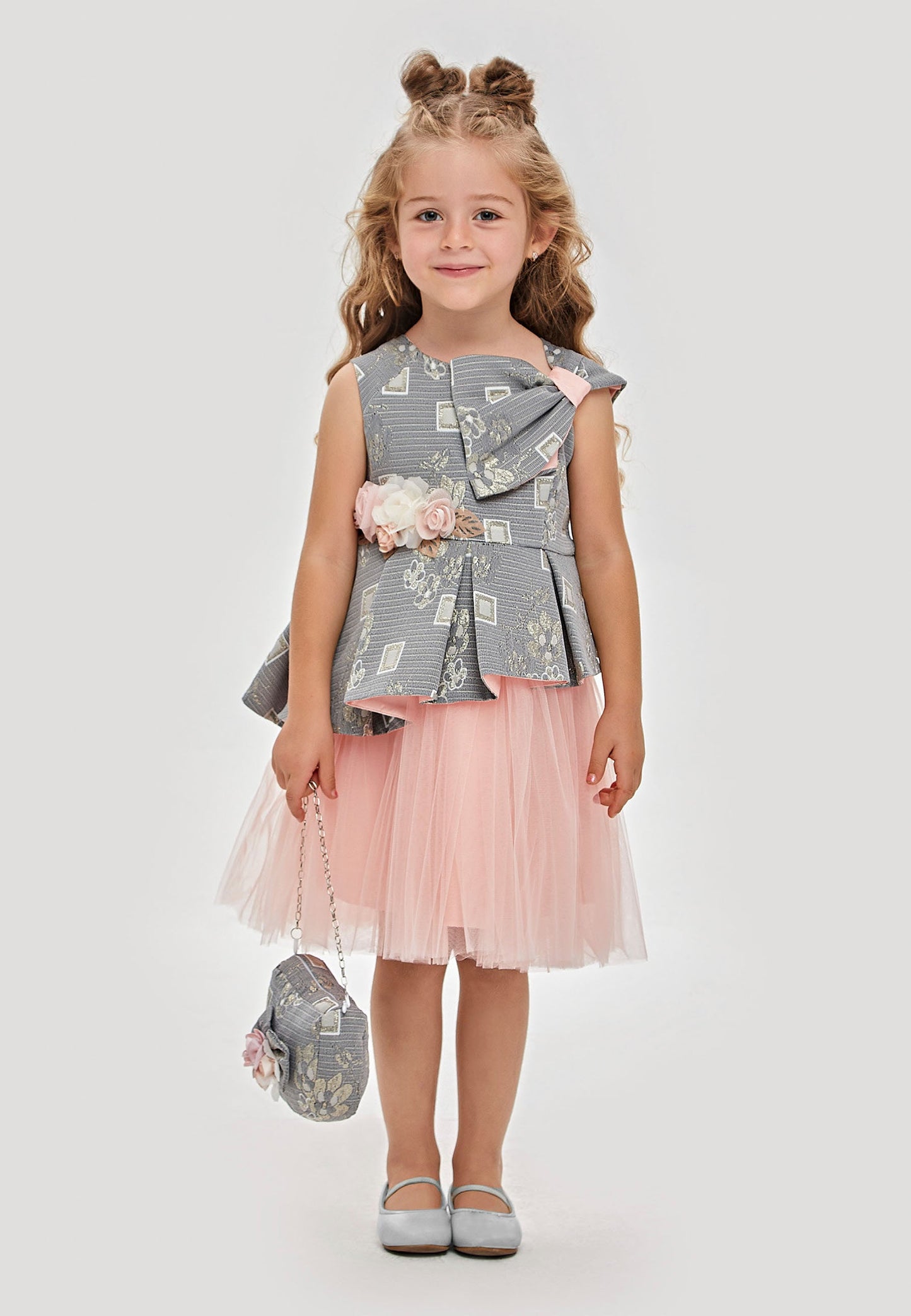 Baby Girl Sleeveless Tulle Patterned A - Line 5 - 9 Ages Special Occasion Dress Anthracite-Powder Pink - Unit Price: 29$