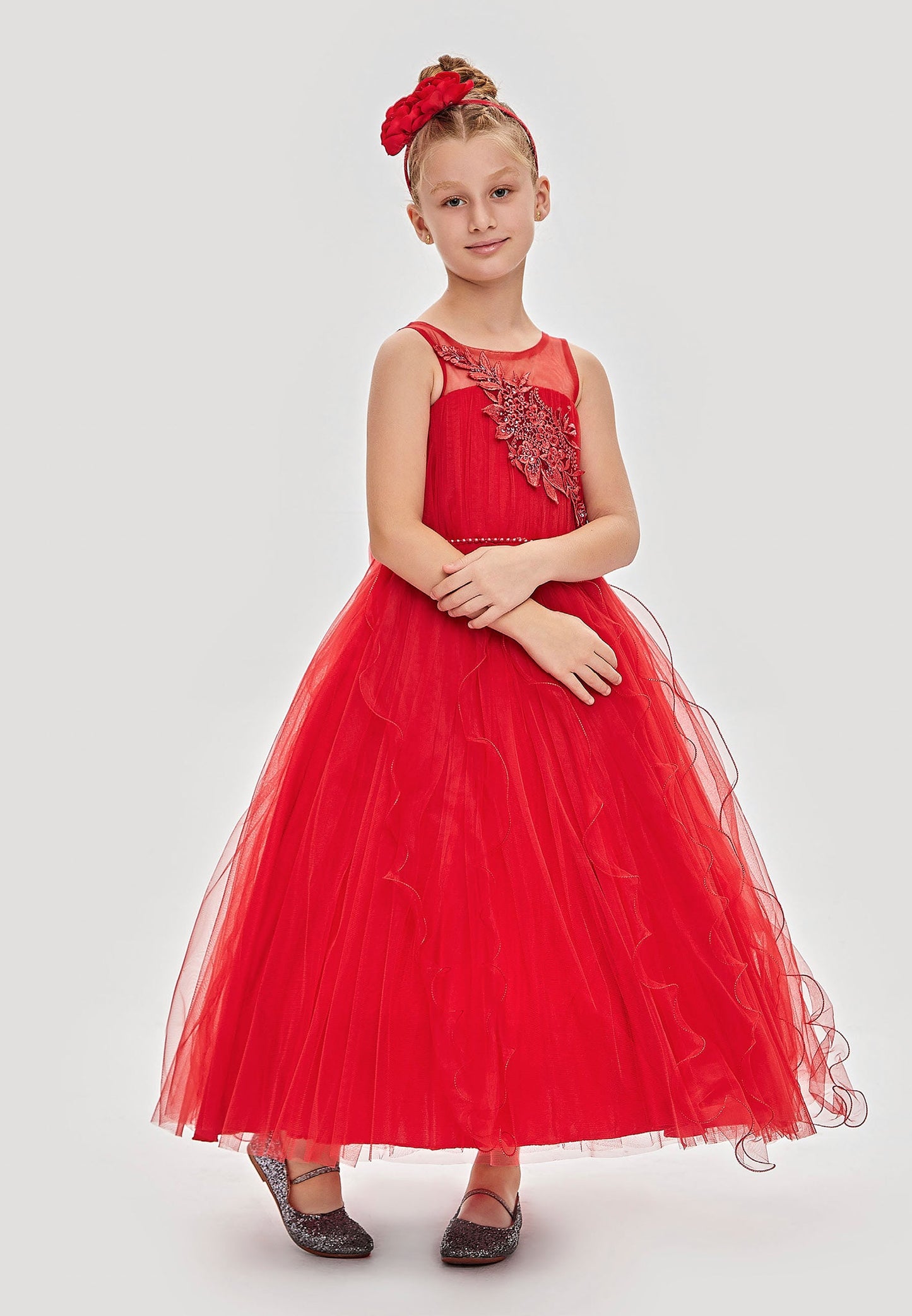 Baby Girl Sleeveless Tulle Solid Color Column 5 - 9 Ages Special Occasion Dress Red - Unit Price: 34$