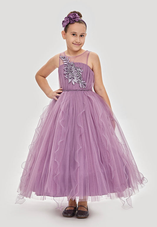 Baby Girl Sleeveless Tulle Solid Color Column 5 - 9 Ages Special Occasion Dress Purple - Unit Price:34$