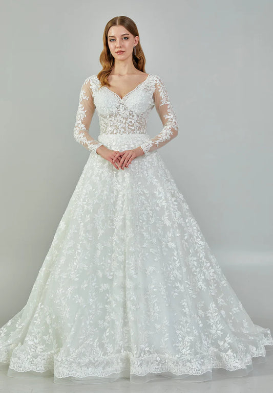 Long Sleeve Maxi Tulle Regular Wedding Dress Ecru - Unit Price: 1129$