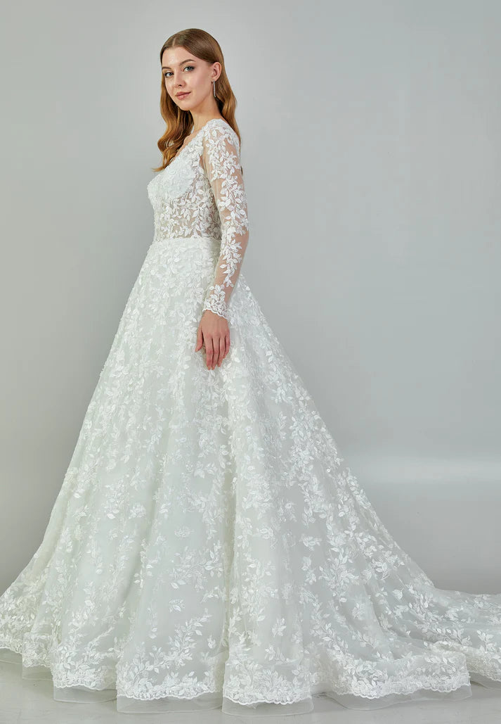 Long Sleeve Maxi Tulle Regular Wedding Dress Ecru - Unit Price: 1129$