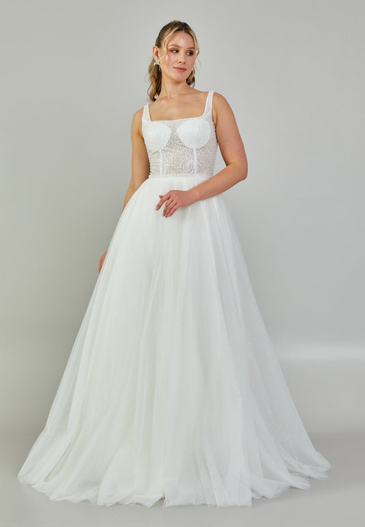 Sleeveless Maxi Tulle Plus Size Wedding Dress Ecru - Unit Price: 190$