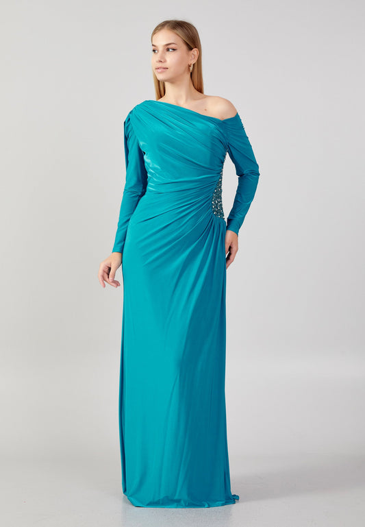 Off Shoulder Maxi Lycra Column Plus Size Wedding Guest Dress Blue - Unit Price: 74$