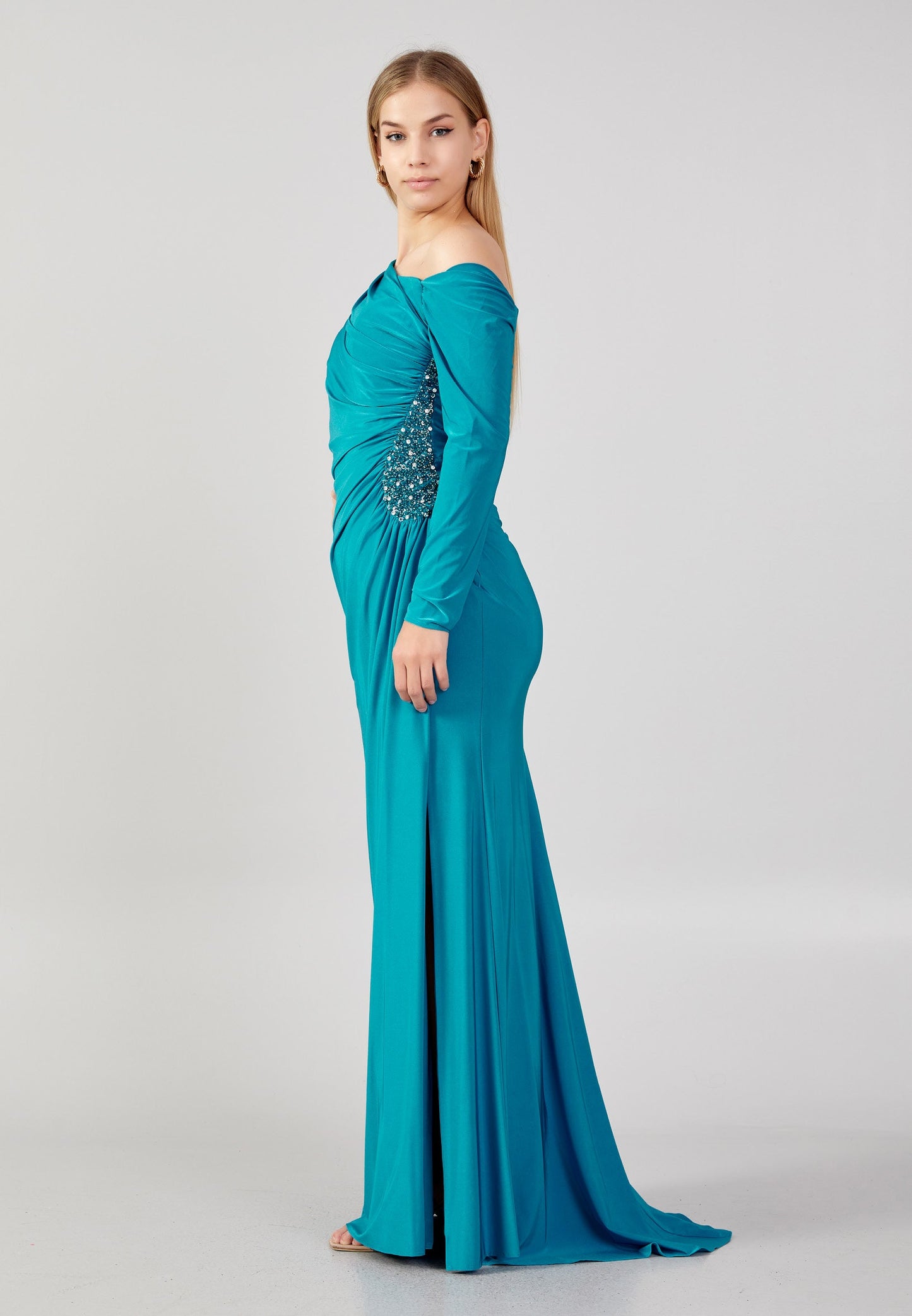 Off Shoulder Maxi Lycra Column Plus Size Wedding Guest Dress Blue - Unit Price: 74$