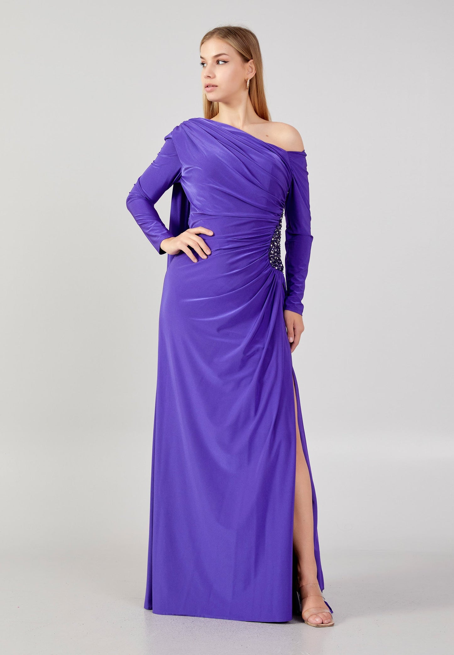 Off Shoulder Maxi Lycra Column Plus Size Wedding Guest Dress Purple - Unit Price: 74$