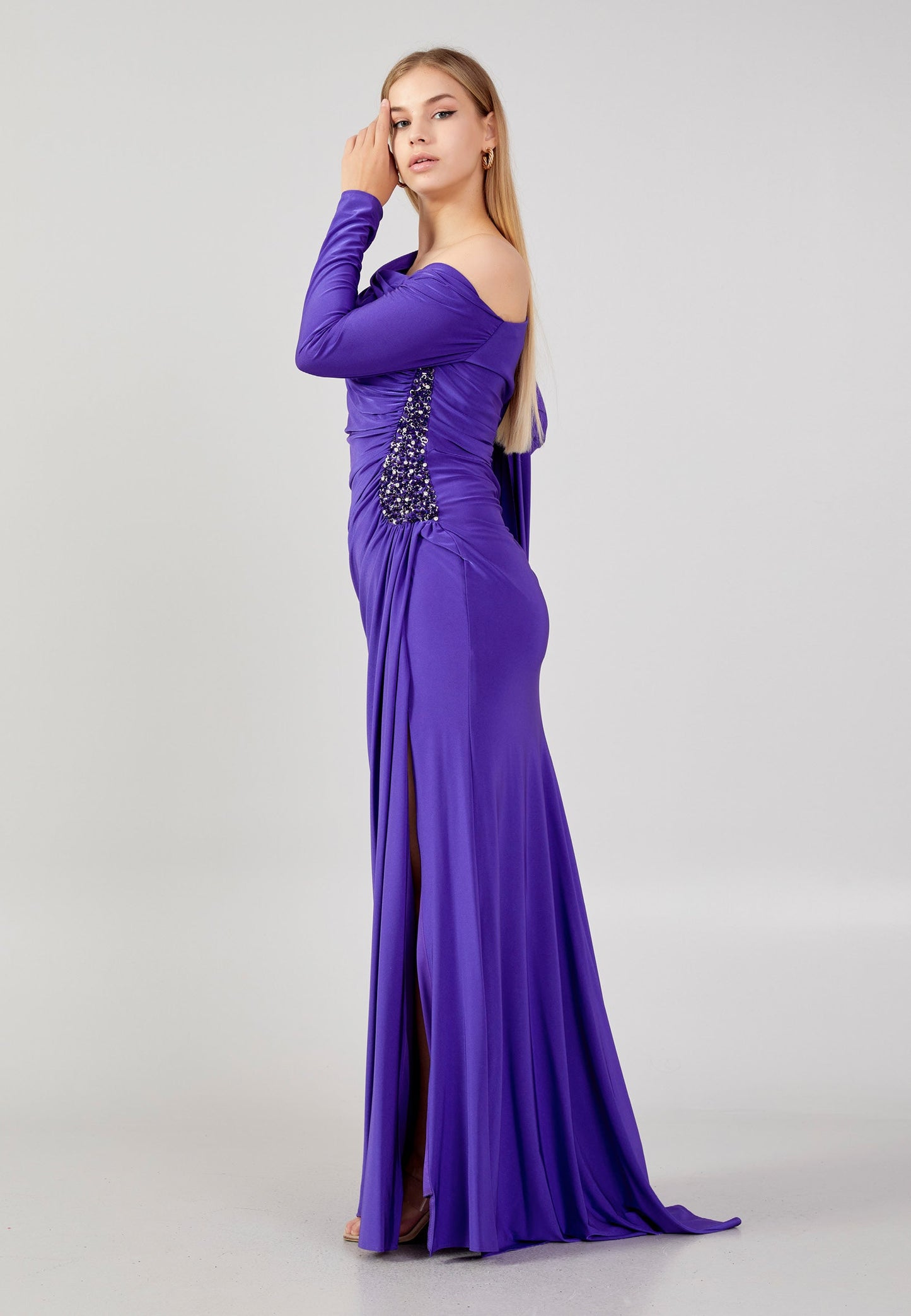 Off Shoulder Maxi Lycra Column Plus Size Wedding Guest Dress Purple - Unit Price: 74$