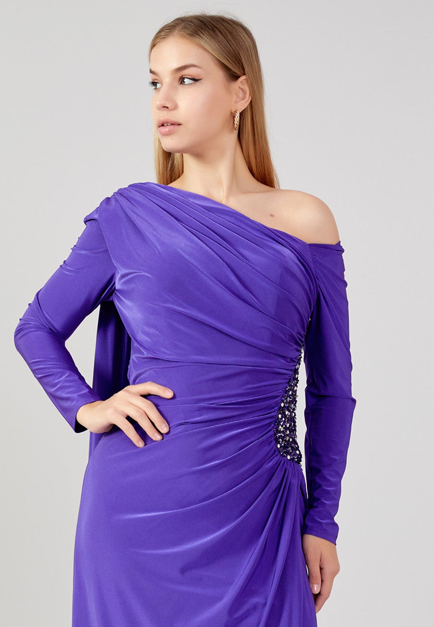 Off Shoulder Maxi Lycra Column Plus Size Wedding Guest Dress Purple - Unit Price: 74$