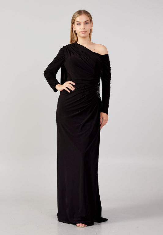 Off Shoulder Maxi Lycra Column Plus Size Wedding Guest Dress Black - Unit Price: 74$