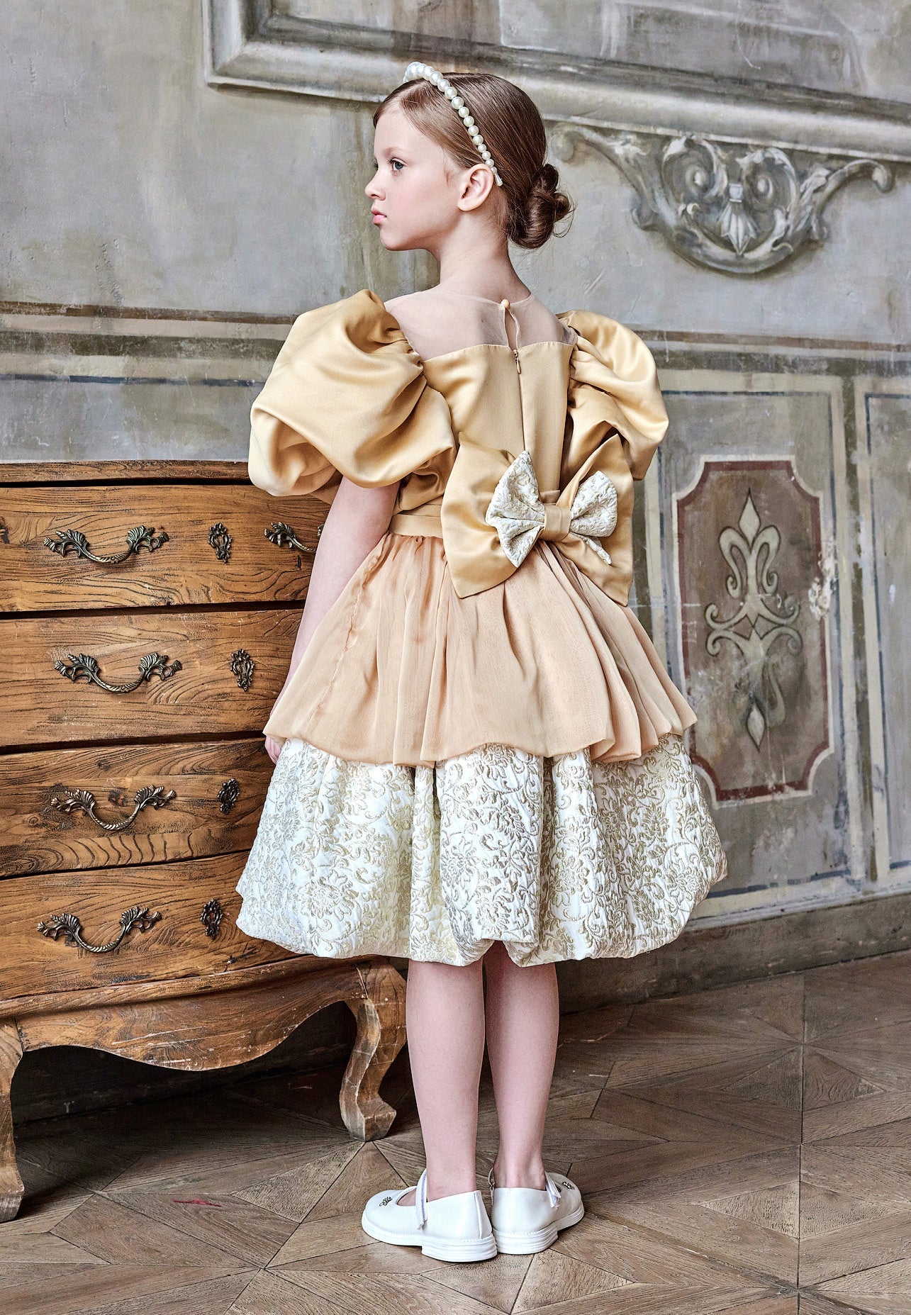 Baby Girl Short Sleeve Tulle Solid Color A - Line 4 - 8 Ages Special Occasion Dress Beige-Ecru - Unit Price: 53$