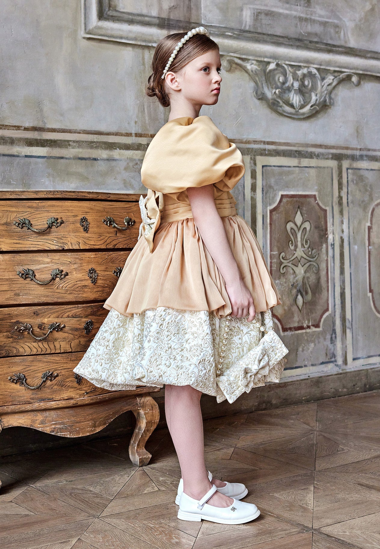 Baby Girl Short Sleeve Tulle Solid Color A - Line 4 - 8 Ages Special Occasion Dress Beige-Ecru - Unit Price: 53$