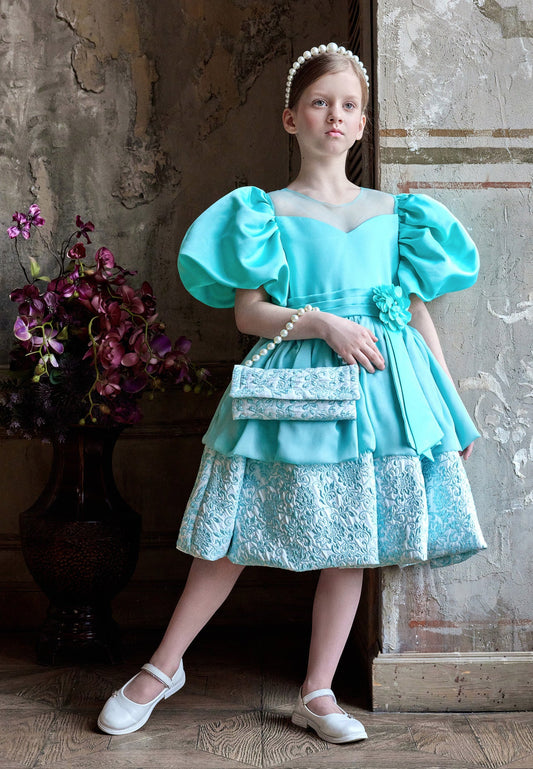 Baby Girl Short Sleeve Tulle Solid Color A - Line 4 - 8 Ages Special Occasion Dress Mint-White - Unit Price: 53$