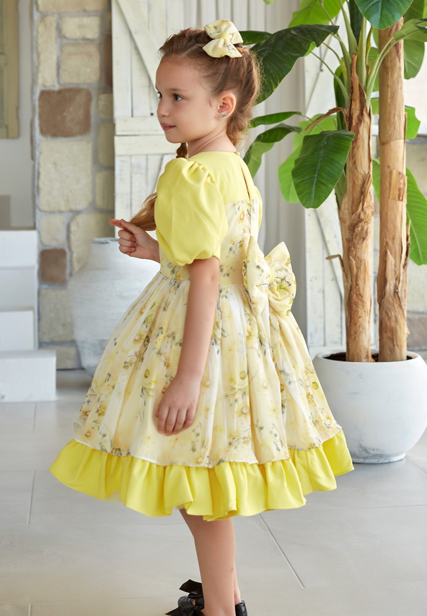 Baby Girl Short Sleeve Viscose Floral Column 4 - 11 Ages Special Occasion Dress Yellow - Unit Price: 36$