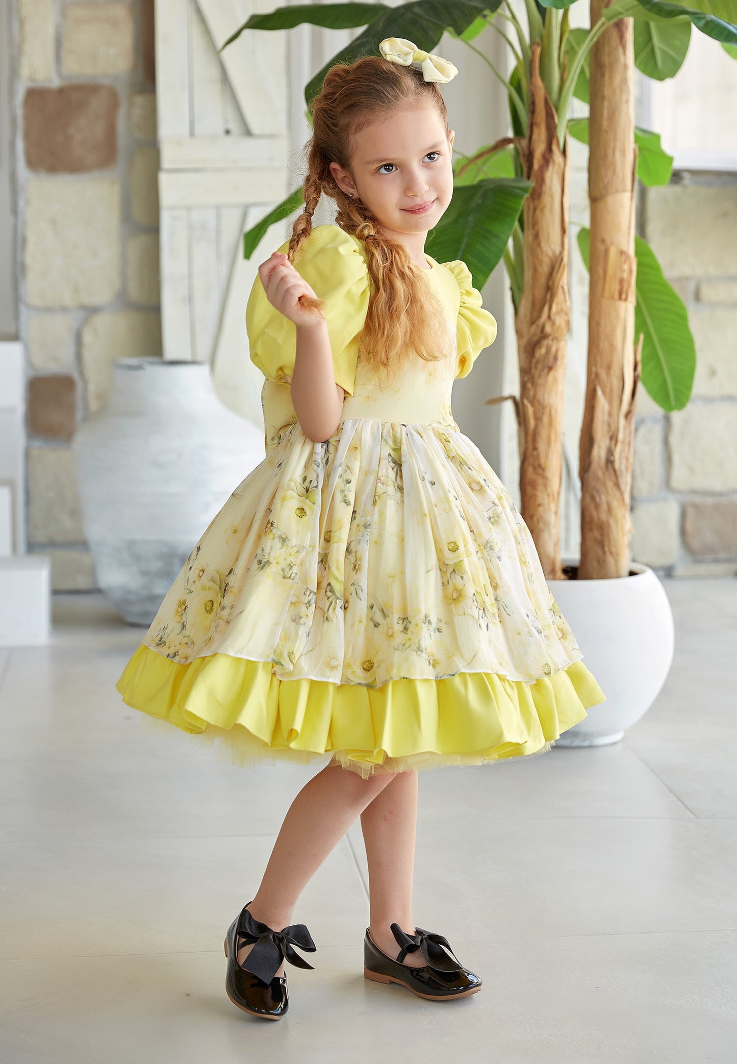 Baby Girl Short Sleeve Viscose Floral Column 4 - 11 Ages Special Occasion Dress Yellow - Unit Price: 36$