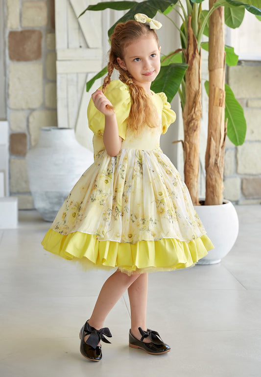 Baby Girl Short Sleeve Viscose Floral Column 4 - 11 Ages Special Occasion Dress Yellow - Unit Price: 36$